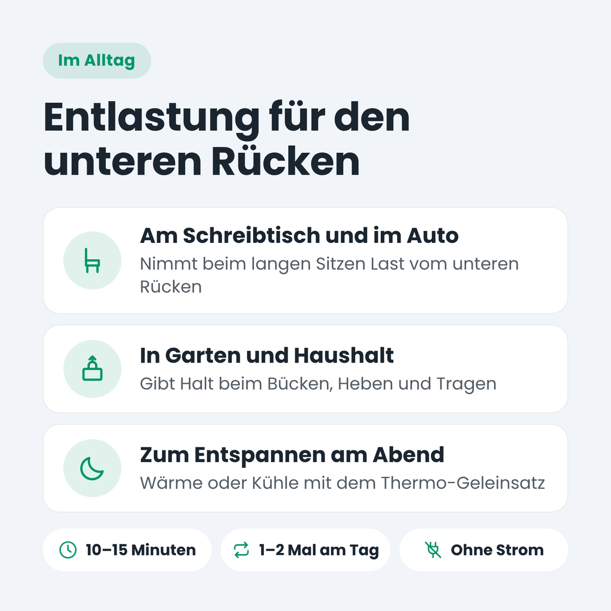 3D-Luftkammer-System im Alltag: am Schreibtisch, in Garten und Haushalt, zum Entspannen am Abend